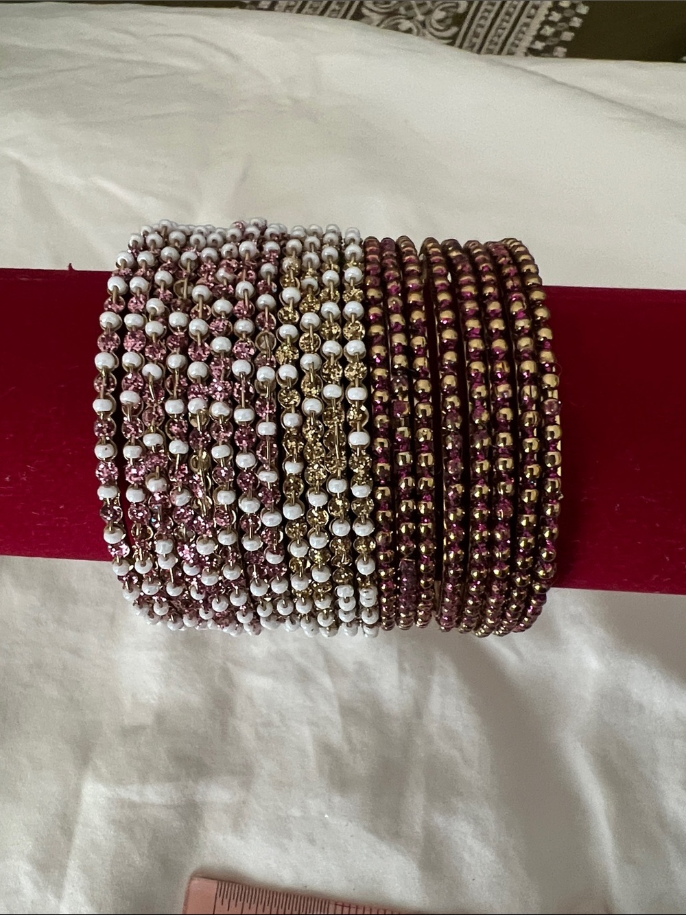 Kids Maroon and Gold Bangle Bracelet Set with White Bead Accent